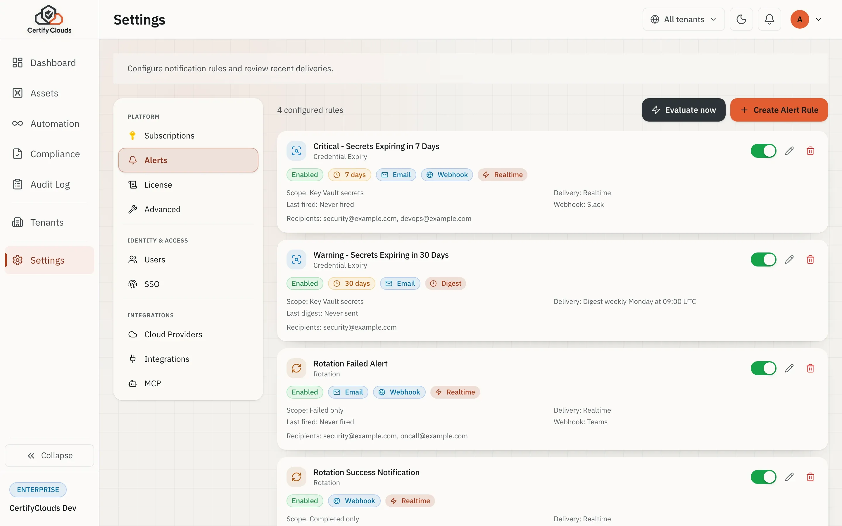 CertifyClouds Alert Rules -expiry thresholds, webhook integrations
