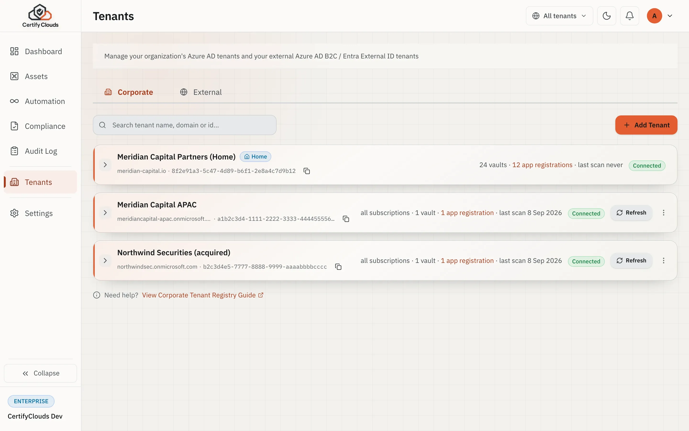 Tenants page -cross-tenant inventory with per-tenant connection health