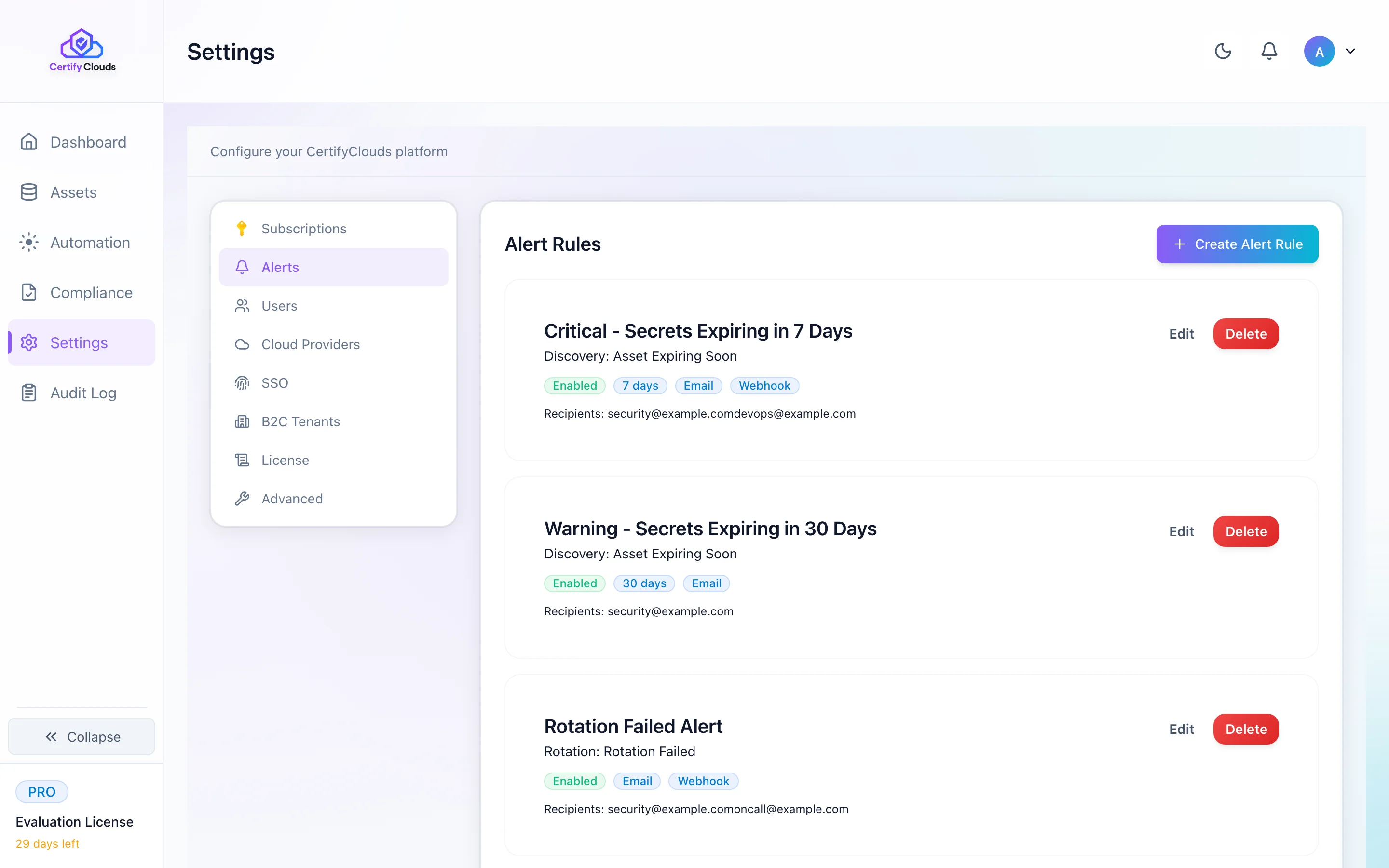 CertifyClouds Alert Rules -expiry thresholds, webhook integrations